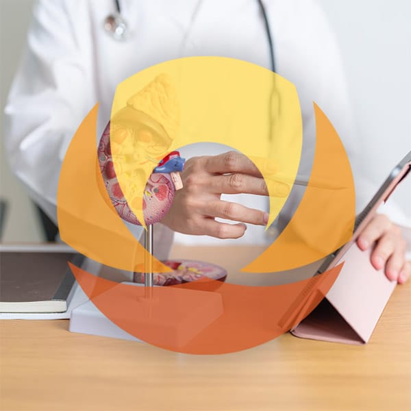 Urology consultation with kidney model and tablet, illustrating diagnostic care